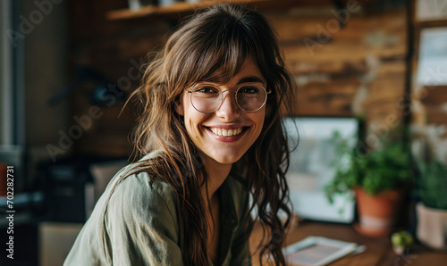 Photo of beautiful happy woman looking at camera while sitting at office