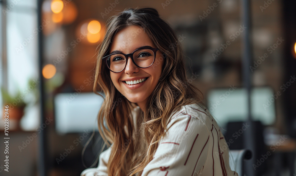 Photo of beautiful happy woman looking at camera while sitting at office Photo of beautiful happy woman looking at camera while sitting at office