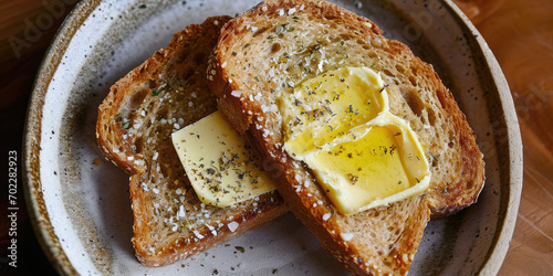 Delicious toasted wheat toast with melted butter chunks. Whole wheat toast for breakfast, bread and butter on table. photo