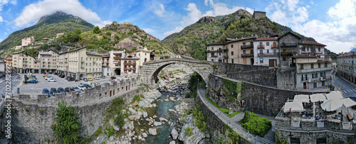 Drone view at the village of Pont Saint Martin on Aosta valley in Italy
