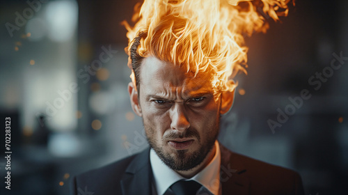 Hot Head Businessman in Angry Mood and Emotion with Fire on head in Office