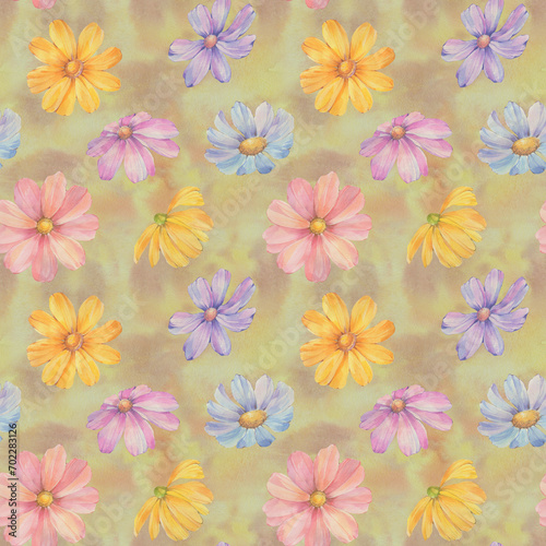 watercolor flowers on green abstract background  seamless pattern