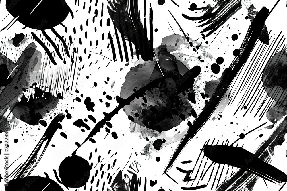 Obraz premium A bold seamless pattern with dramatic black ink brushstrokes and splatters on a white background, suitable for contemporary wallpapers, avant-garde textiles, and graphic prints.