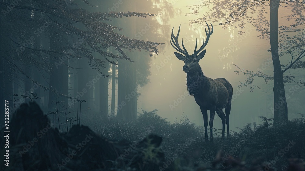 deer stands in a dark misty forest