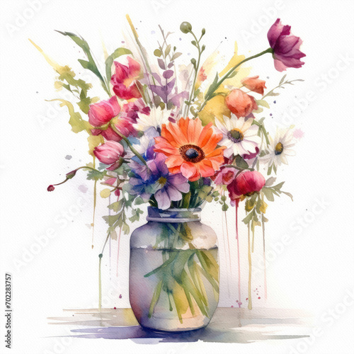 Flowers in vase watercolor painting. Glass vase with garden flowers. Illustration on white background. Paper texture clearly visible.