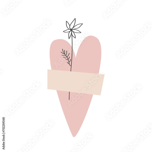 Heart taped with daisy flower isolated on white background. Healed and loved heart concept. Vector illustration.