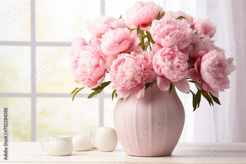 Bouquet of pink peonies in a white vase