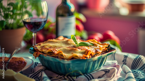 Plat de lasagnes posé sur la table avec un verre de vin rouge, spécialité italienne et cuisine de maman entre tradition et modernité