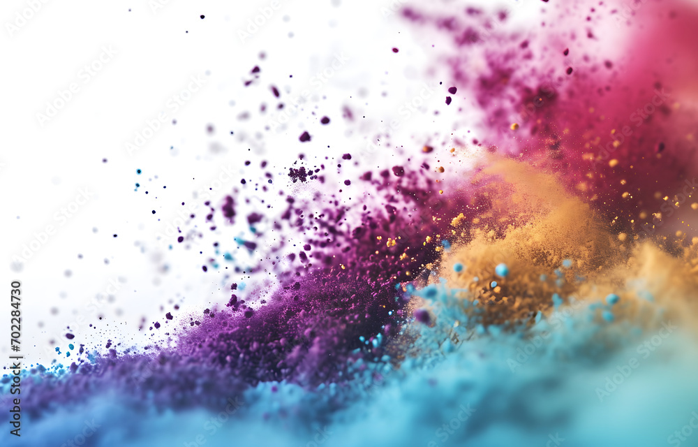 Color Burst: A vivid explosion of purple, gold, and blue hues, capturing the dynamic beauty of powdered pigments in motion.