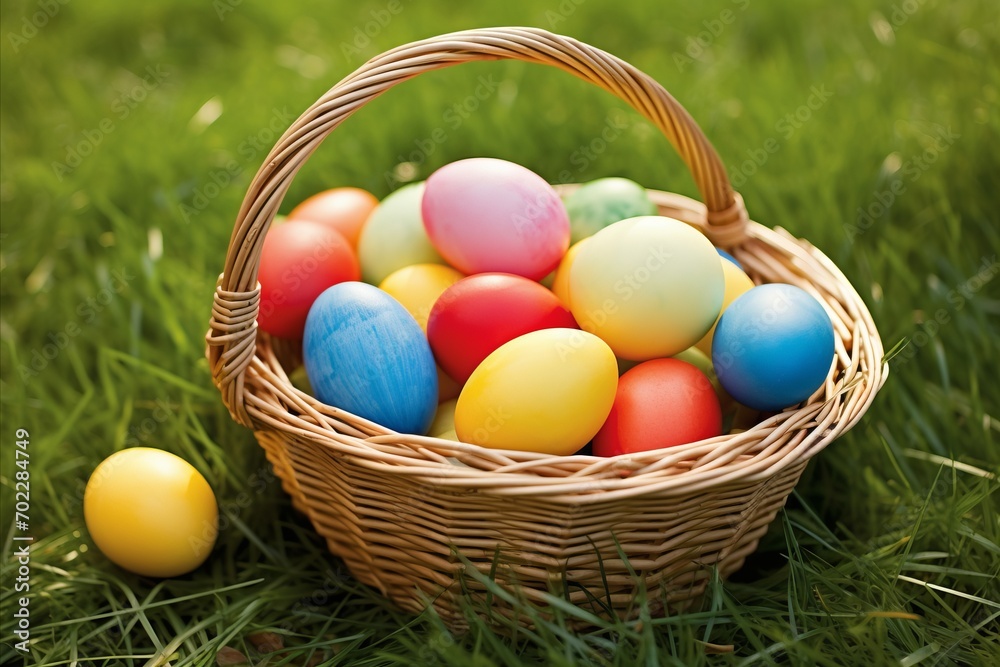 A wicker basket filled with colorful easter eggs