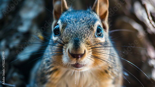 A detailed close-up of a curious squirrel gazing at the camera
