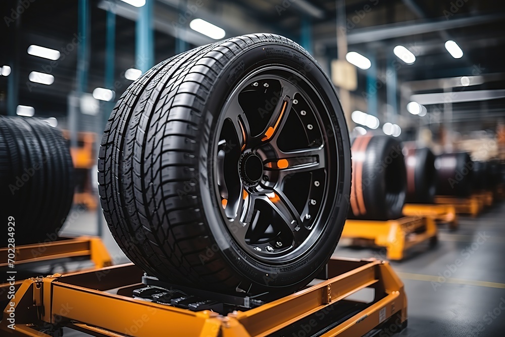 Fototapeta premium A new tire in Large warehouse of car tires, Transportation and automotive maintenance concept. ai generative