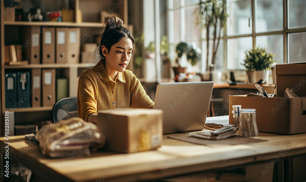 Small business entrepreneur SME freelance woman working at office, BOX,tablet and laptop online, marketing, packaging, delivery, e-commerce concept Small business entrepreneur SME freelance woman working at office, BOX,tablet and laptop online, marketing, packaging, delivery, e-commerce concept