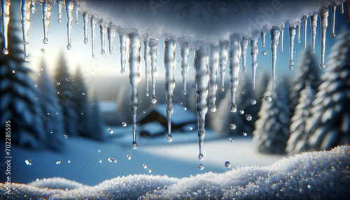 A photorealistic and hyper-detailed image of icicles hanging from the edge of a snow-covered roof.