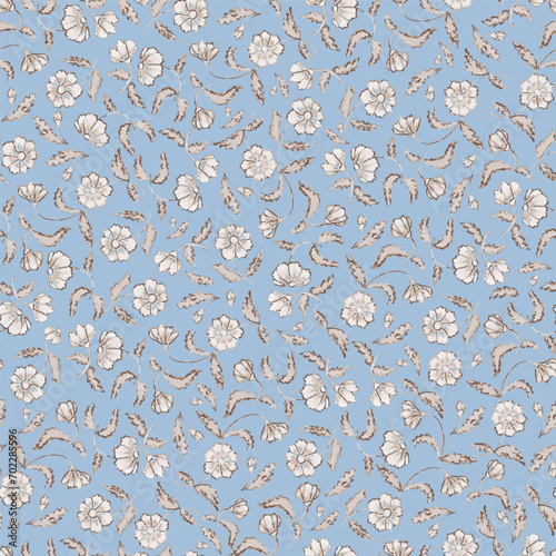 Floral pattern in blue and white, in the style of influenced by ancient chinese art.