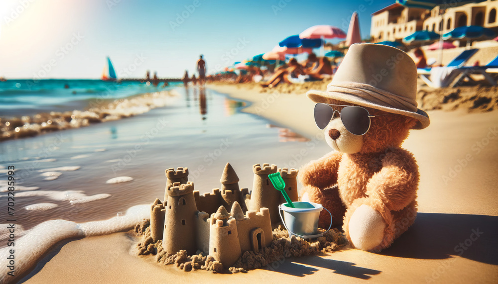 A teddy bear on a sunny beach vacation, wearing sunglasses and a wide-brimmed hat, building a sandcastle near the water's edge.