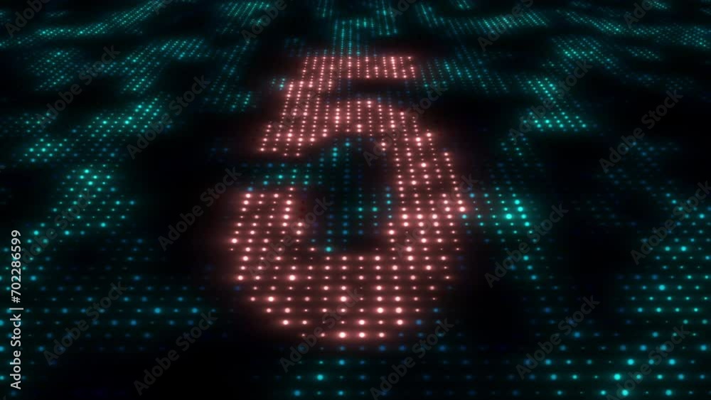 3D animation of a countdown from ten to zero from a variety of neon particles.