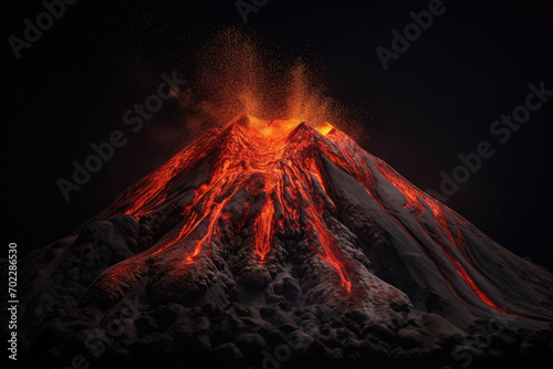 Volcano erupting at night spewing lava