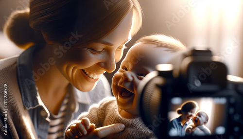 A mother playing peekaboo with her giggling infant. photo
