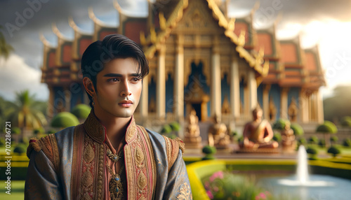 A young prince Siddhartha with a palace in the background, before renunciation.