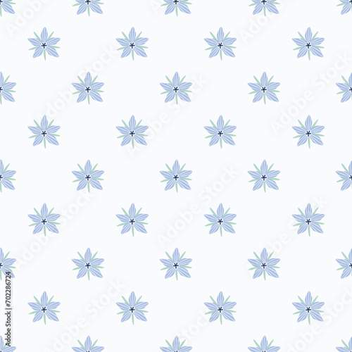 Seamless vector pattern with borage flowers in blue and green arranged in a brick repeating pattern on a pale cloud blue background. Minimalist floral design for kids clothes, decor, wallpaper.
