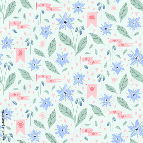 Borage for Courage, a seamless vector pattern with borage flowers and leaves in blue and green and banners of courage and love in pink on a mint background. Playful pastel botanical for fabric, paper.