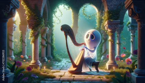 A whimsical animated art style image of a ghost playing a harp in a tranquil, ancient ruin. © FantasyLand86