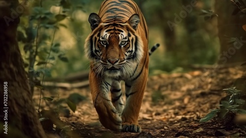 slow motion of bengal tiger walking in the forest.Generative AI photo