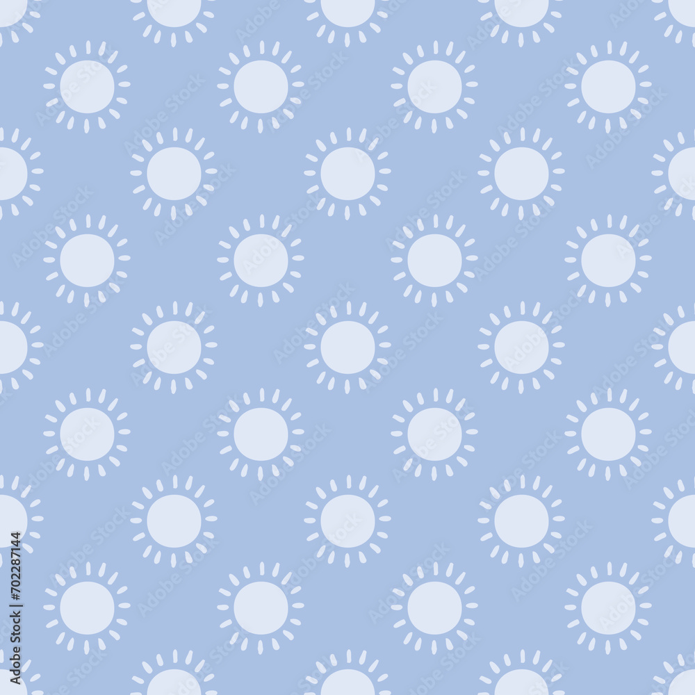 Sunny Skies, a seamless vector pattern with cute hand-drawn suns with rays in light blue on a periwinkle blue background. Simple, playful design perfect for boy’s nursery and kids decor and clothing. Sunny Skies, a seamless vector pattern with cute hand-drawn suns with rays in light blue on a periwinkle blue background. Simple, playful design perfect for boy’s nursery and kids decor and clothing.