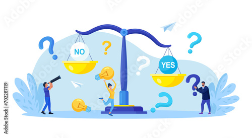 Businessman standing near big scales with No and Yes signs.