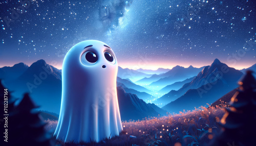 A whimsical animated art style image of a ghost watching stars from a serene mountaintop.
