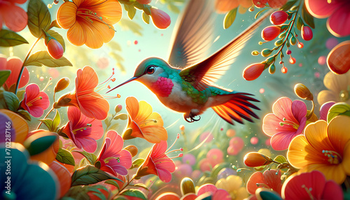 A whimsical, animated art style image of a close-up of a hummingbird hovering near bright flowers.