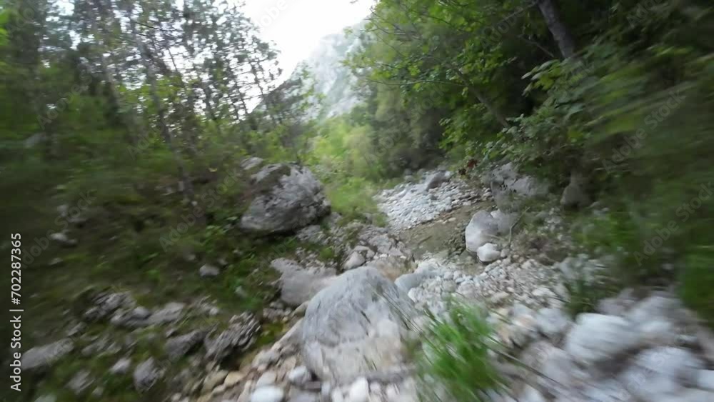 aerial drone shot flying in a wild forest with a creek running down from ancient cave aerial drone shot flying in a wild forest with a creek running down from ancient cave