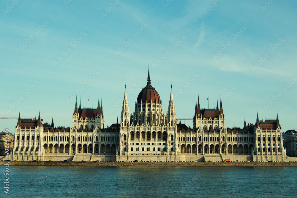 Hungarian Parliament Building in Budapest, Hungary. Photo taken from the Danube River.