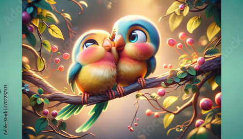 A whimsical, animated art style image of a pair of lovebirds cuddling on a branch. photo