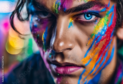  Gli Occhi dell'Autenticità- Un Ritratto Potente di un Uomo Transgender con Mascara Colorato e trucco vivace photo