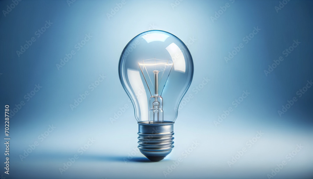 A photo-realistic image of a single, unlit light bulb against a pale blue background. A photo-realistic image of a single, unlit light bulb against a pale blue background.