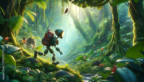 A whimsical  animated depiction of a jungle explorer cyborg trekking through a lush jungle with survival gear.