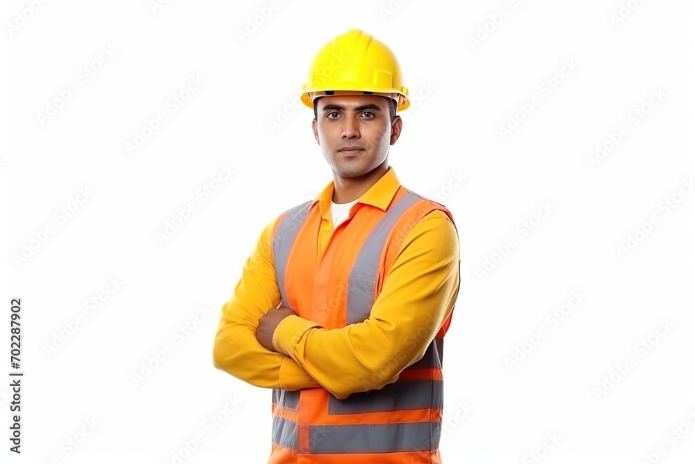 Construction worker, engineer with a safety vest and hardhat on white background. contractor or architect in planning or renovation. ai generative Construction worker, engineer with a safety vest and hardhat on white background. contractor or architect in planning or renovation. ai generative
