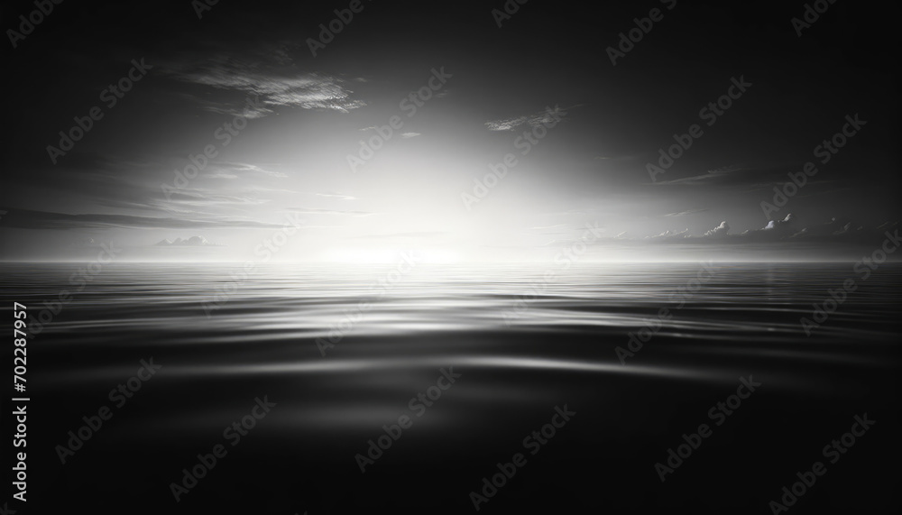 A photo-realistic image of a black and white photograph of a calm sea horizon.