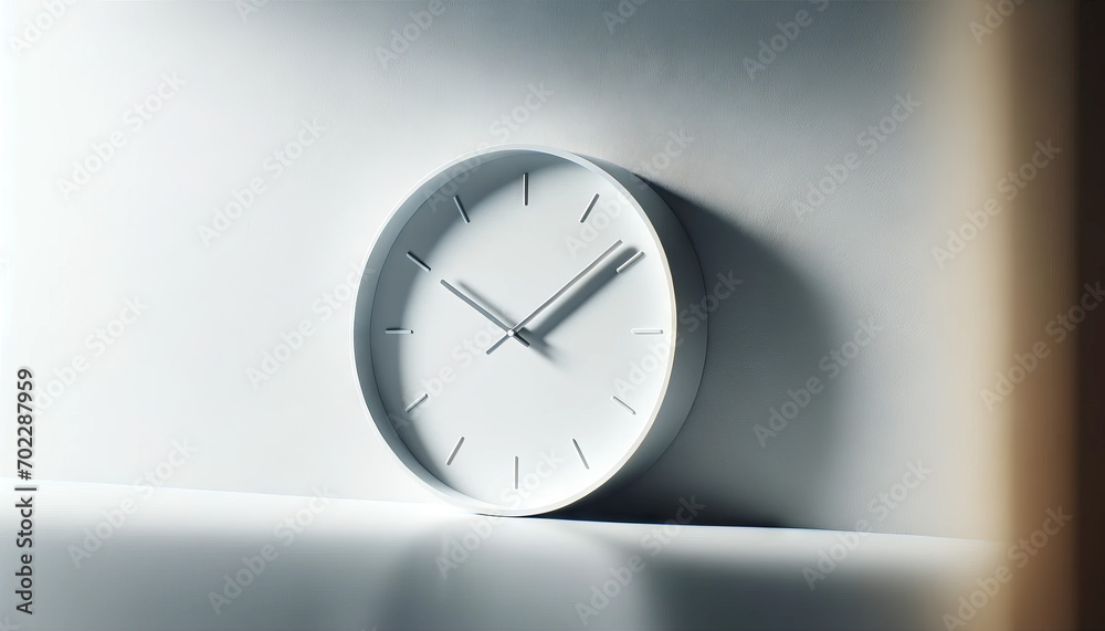 A photo-realistic image of a minimalist white clock face without hands on a white wall. A photo-realistic image of a minimalist white clock face without hands on a white wall.