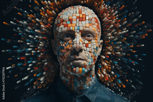 Man's head wrapped in many pills