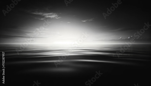 A photo-realistic image of a black and white photograph of a calm sea horizon.