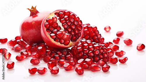 arrangement of isolated pomegranate seeds on a white canvas, showcasing the small and vibrant red jewels of this antioxidant-rich fruit. photo