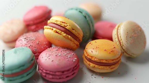 Colorful macaroons on white background, closeup. Delicious dessert