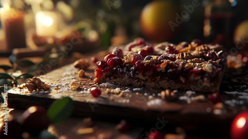 Cranberry cake with walnuts and raisins on a wooden board