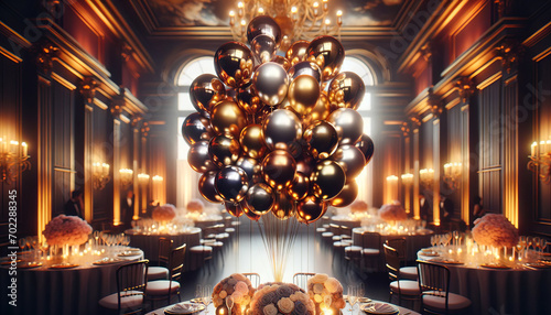 A lavish celebration setting with a focus on a bouquet of balloons in the center.