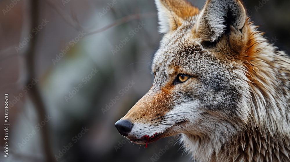 Fototapeta premium Coyote with prey in mouth in natural setting