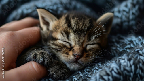 A tiny kitten sleeps soundly wrapped in a soft, textured blanket.
