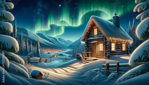 A whimsical animated art style scene of a rustic cabin in the Yukon wilderness, surrounded by snow and the Northern Lights.